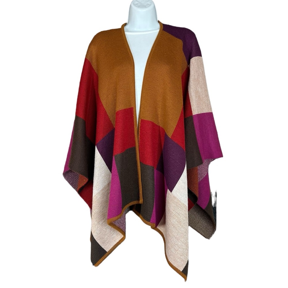 Coldwater Creek Earthtones Tan, Brown, Purple Color Block Wool Blend Ruana Wrap